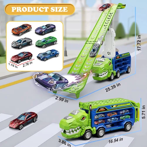 Vista 2 de Juguetes de camiones de dinosaurio para niños de 3, 4, 5, 6, 7, 8 años, juguetes de pista de carreras de camiones transportadores, juguete de coche
