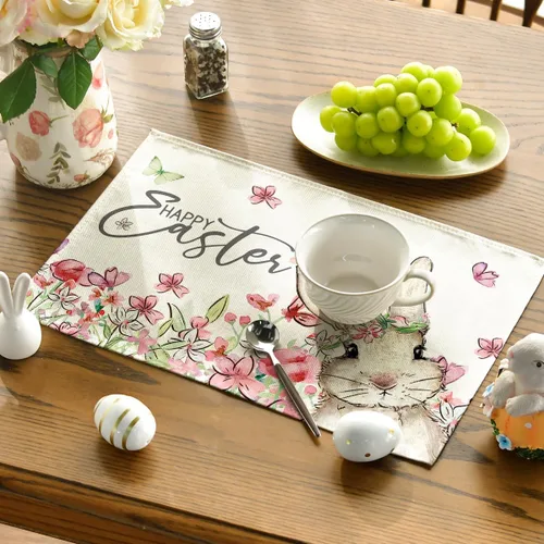 Vista 3 de Artoid Mode Juego de 4 manteles individuales de Pascua con diseño de conejo, diseño floral, 12 x 18 pulgadas, para decoración de fiestas, cocina