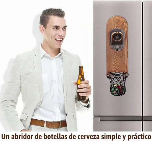 Vista 5 de Abrebotellas de cerveza de madera montado en la pared con colector de red Abridor 3