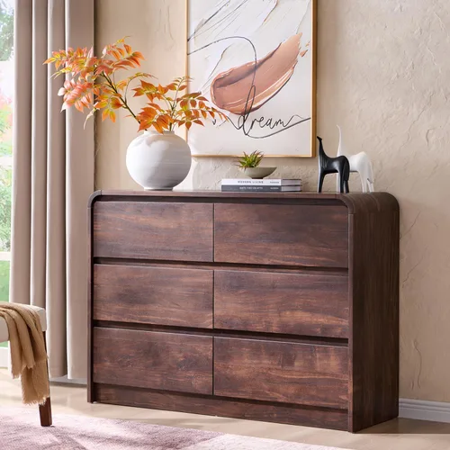 Vista 23 de Aitjunz - Cómoda moderna de 5 cajones para dormitorio, 45 pulgadas de alto, diseño de perfil curvo, cómoda vertical de madera estilo Mid-Century