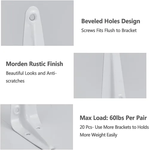 Vista 4 de Paquete de 20 soportes de estante de 4 pulgadas en blanco, soportes de metal de acero resistentes en L para estantes, soportes en J para pared
