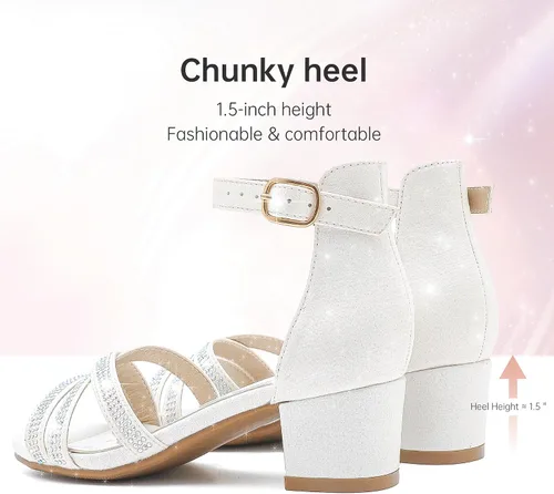 Vista 5 de Sandalias de tacón para niñas, con correa de tobillo y puntera abierta, zapatos de vestir para niños pequeños y grandes en bodas, fiestas, zapatos
