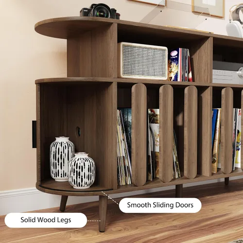 Vista 5 de Soporte para tocadiscos con almacenamiento de vinilo, mesa de tocadiscos con estación de carga, consola multimedia y estante de discos para más
