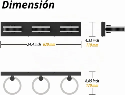 Vista 7 de Lámparas LED de baño, luces negras de tocador de 24 pulgadas, modernos apliques de pared acrílicos de 3 luces, accesorio de iluminación de pared
