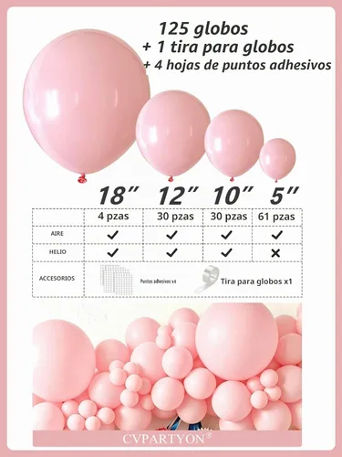 Vista 3 de Globos rosa claro, 125 piezas de diferentes tamaños de 8, 12, 10, 5 pulgadas, kit de arco de globos rosa pálido pastel para princesa, cumpleaños