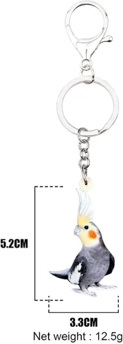 Vista 4 de BONSNY Llavero de acrílico gris cacatúa loro pájaro llavero para automóvil bolsas para amantes de los pájaros regalos de animales