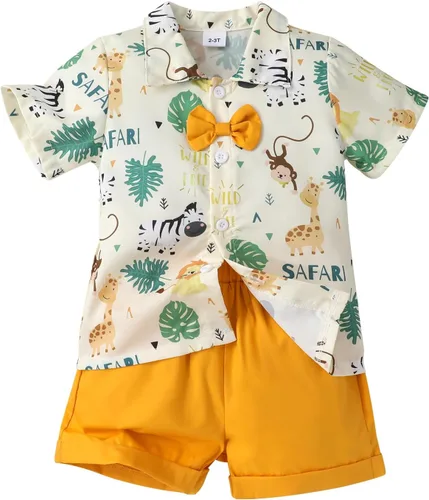 Vista 27 de JEELLIGULAR Conjunto de ropa de verano para bebé niño de manga corta con botones y pantalones cortos, trajes casuales para caballeros de 1 a 6 años