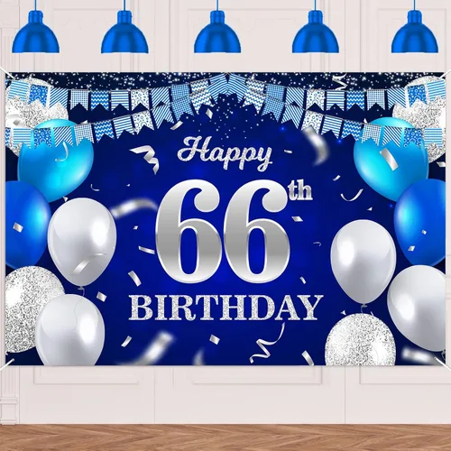 Vista 59 de Bandera de feliz primer cumpleaños con fondo azul marino, globos, confeti, bandera de rayas, luces de puntos, felicitaciones por el tema de 1 año
