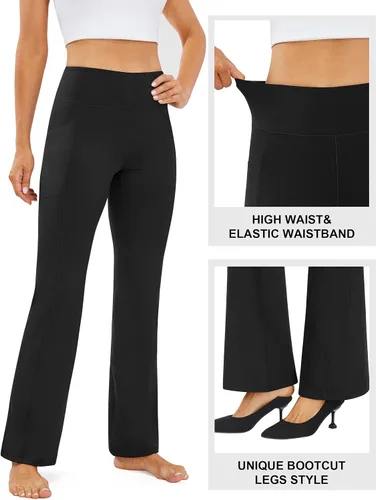 Vista 3 de AFITNE - Pantalones de yoga con corte de bota con bolsillos para mujer, de talle alto, pantalones de yoga para entrenamiento con control de abdomen