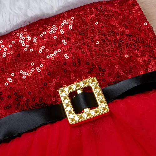 Vista 4 de Mameluco de Navidad para niñas y bebés sin mangas con lentejuelas vestido de tutú de Papá Noel