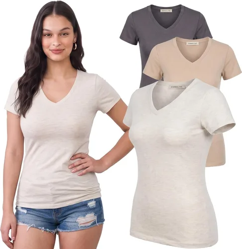 Vista 46 de Emmalise Camiseta de manga corta para mujer, cuello en V, tallas junior y plus