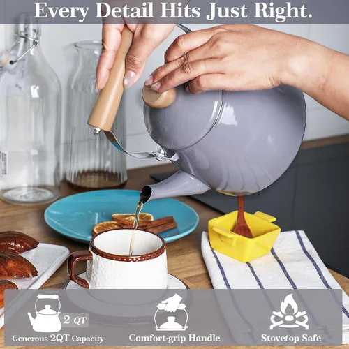 Vista 5 de Webake 2 Quart Enamel Tea Kettle, Vintage Enamelware Teapot with Cool Touch Wooden Handle and Lid Knob for Stovetop Home Kitchen Camping, Gift for