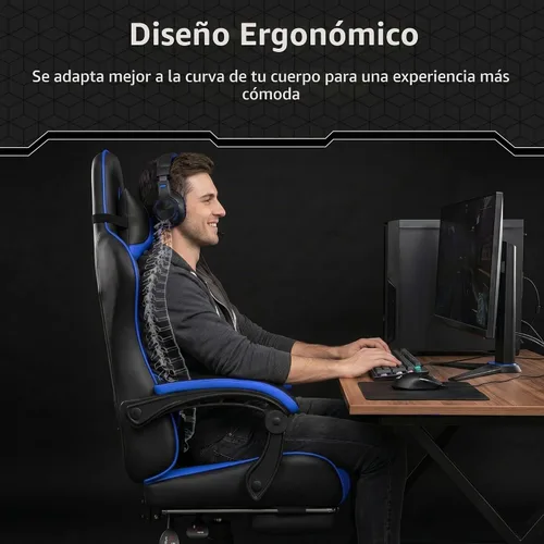 Vista 4 de Yaheetech Silla Gaming con reposapiés Masaje Almohada Lumbar Negro y Azul