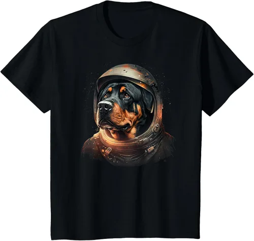 Vista 73 de Divertida camiseta Rottweiler con diseño de astronauta rottweiler en galaxia espacial, Negro