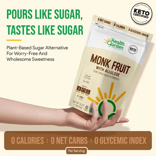 Vista 4 de Health Garden Fruta del monje con edulcorante de alulosa, alternativa natural de azúcar a base de plantas con cero calorías, sin gluten, vegano