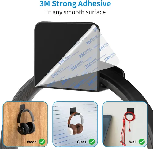 Vista 3 de SOKUSIN Soporte para auriculares, soporte adhesivo para auriculares para juegos, gancho universal de montaje en pared para todos los Negro