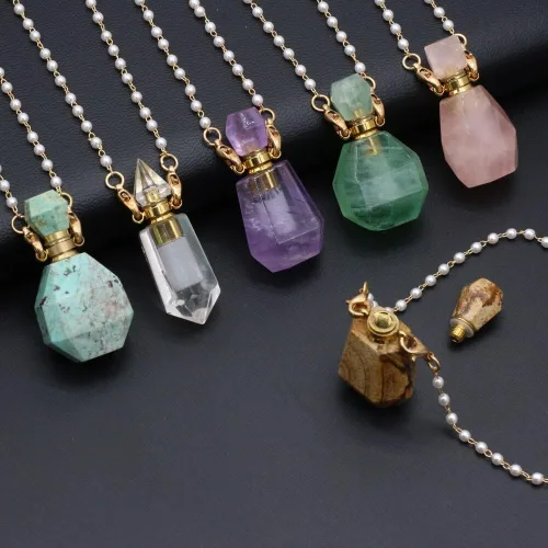 Vista 3 de Collar de piedras preciosas de cuarzo transparente con colgante de ojo de tigre y lapislázuli, collar de botella