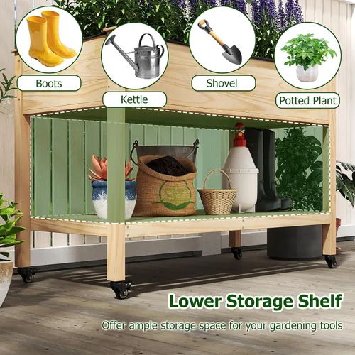 Vista 7 de Giantex Cama de jardín elevada móvil, maceta de madera con ruedas, estante de almacenamiento y forro, cama elevada enrollable de 47 x 23 x 33