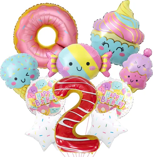 Vista 11 de 10 globos de helado, globos de papel de aluminio Mylar con número de dona de caramelo, temática de helado, suministros de fiesta de primer cumpleaños