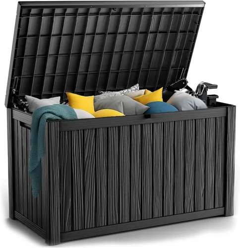 Vista 10 de Caja de resina de 30 galones para terraza, caja de almacenamiento para patio al aire libre con cierre para muebles, herramientas de jardín