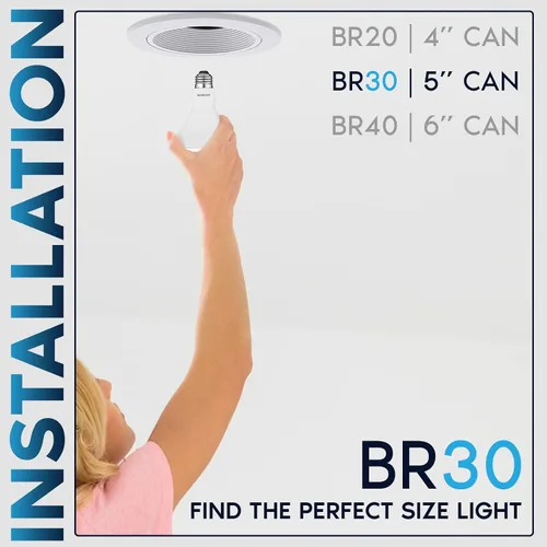 Vista 5 de LUXRITE Paquete de 6 bombillas LED BR30, equivalente a 65W, blanco cálido 2700K, regulables, 650 lúmenes, focos LED, 8.5W, Energy Star, base mediana