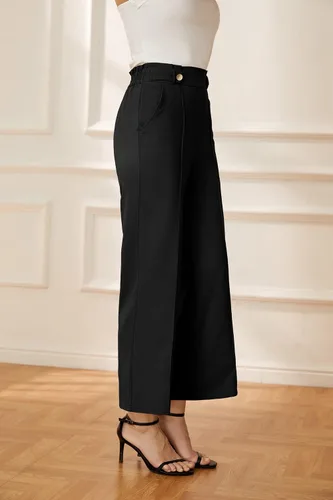 Vista 3 de GRACE KARIN Pantalones de trabajo recortados de pierna recta para mujer, cintura alta elástica, pierna ancha, pantalones casuales de negocios