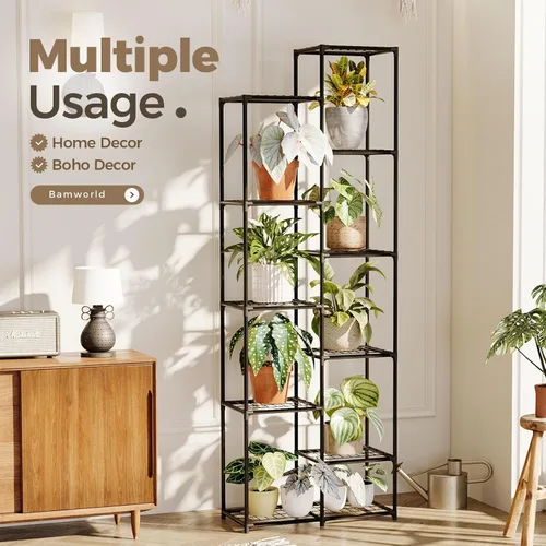 Vista 5 de Bamworld Soporte para plantas para interiores y exteriores, estante grande de metal de 11 niveles para plantas, soportes de flores de varios Negro