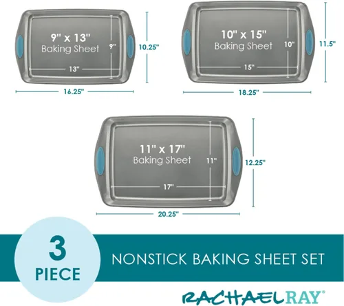 Vista 4 de Rachael Ray Bakeware - Juego de bandejas antiadherentes para galletas, 3 piezas, gris con agarres azul agave