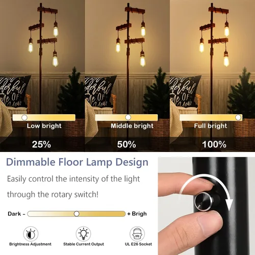 Vista 2 de Lámpara de pie industrial regulable, lámpara de pie de árbol de granja, lámpara de pie de madera de 68 pulgadas, 3 luces, base resistente, luz