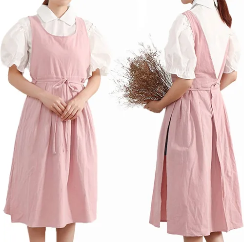 Vista 11 de Delantal plisado vintage para mujeres y niñas, cuello en V, para jardinería, de algodón, vestido de pinafore Verde
