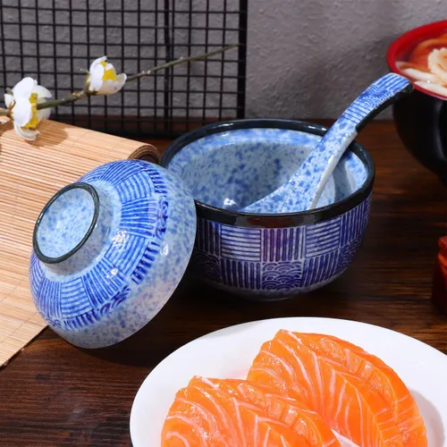 Vista 6 de Kichvoe Juego de cuencos de sopa de cerámica japonesa con tapa y cuchara, cuenco de miso/ramen de 4 pulgadas/8.45 onzas para fideos, arroz, cenas