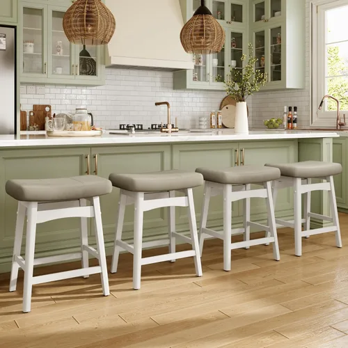 Vista 34 de MAISON ARTS Juego de 4 taburetes de bar grises para encimera de cocina, patas de madera maciza con asiento de silla de montar de piel sintética