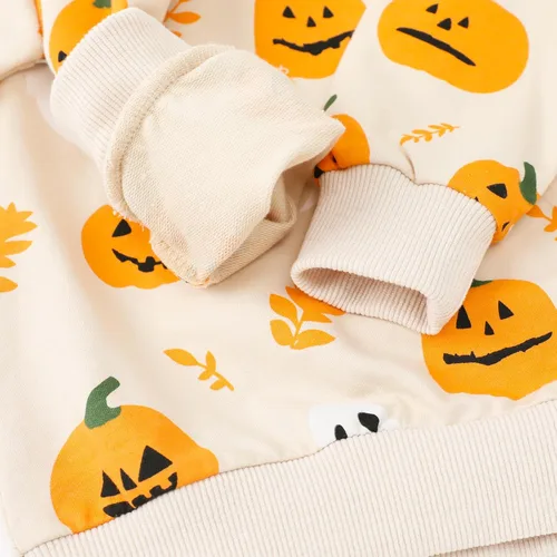 Vista 8 de HILEELANG Sudaderas de Halloween para niños pequeños, de algodón, sin botones, con estampado de calabaza, murciélago, boo, para niños y niñas