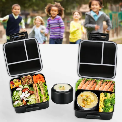 Vista 6 de MAISON HUIS Lonchera Bento con termo de sopa de 8 onzas, recipiente a prueba de fugas de 5 compartimentos, tarro térmico para comida caliente