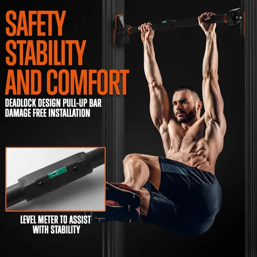Vista 5 de SQUATZ Barra de dominadas ajustable, equipo de ejercicio de entrenamiento de fuerza con bloqueo automático, ancho ajustable de 29 a 45 pulgadas