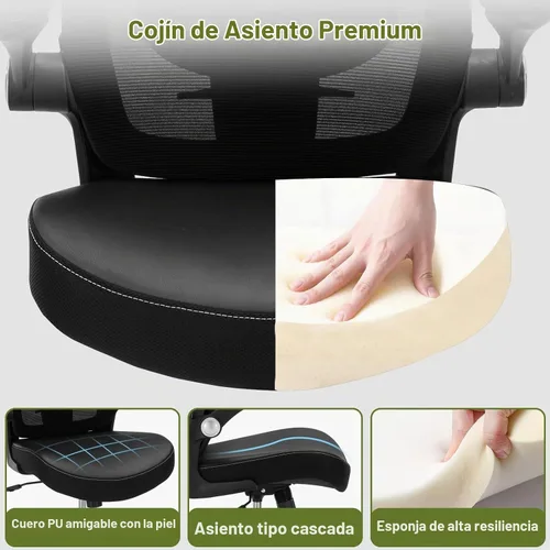 Vista 7 de Silla de oficina ergonómica de piel sintética, capacidad de peso de 400 libras, respaldo de malla transpirable, altura ajustable y brazos abatibles