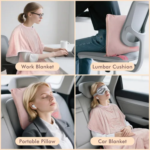 Vista 2 de Tirrinia Manta de viaje para avión, oficina, Poncho 4 en 1, manta portátil de forro polar acogedora de primera calidad con bolsa incorporada