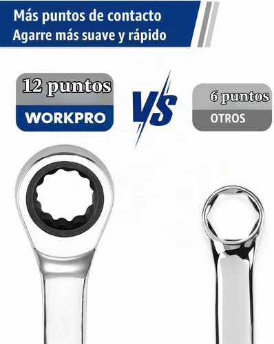 Vista 5 de WORKPRO Llave combinada de trinquete de 1/2 pulgada SAE, CR-V construida con cromado pulido espejo, diseño de 12 puntos, desplazamiento de 15 grados