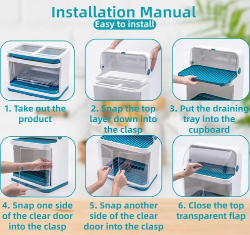 Vista 7 de Estante de secado de platos de 2 niveles con escurridor y cubierta, material de polipropileno desmontable, gran capacidad, vertical, grueso, 180°