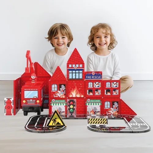 Vista 5 de MEGAGONTILES Juego de 60 azulejos magnéticos para estación de bomberos Bloques de construcción magnéticos STEM con camiones de bomberos y grúas