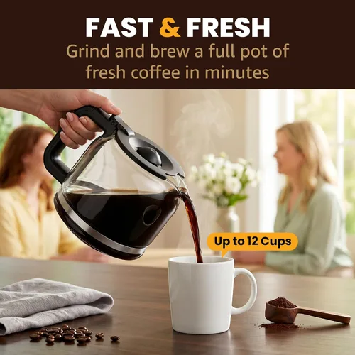 Vista 4 de Elite Gourmet Cafetera de 12 tazas con molinillo integrado, niveles gruesos Acero inoxidable y negro