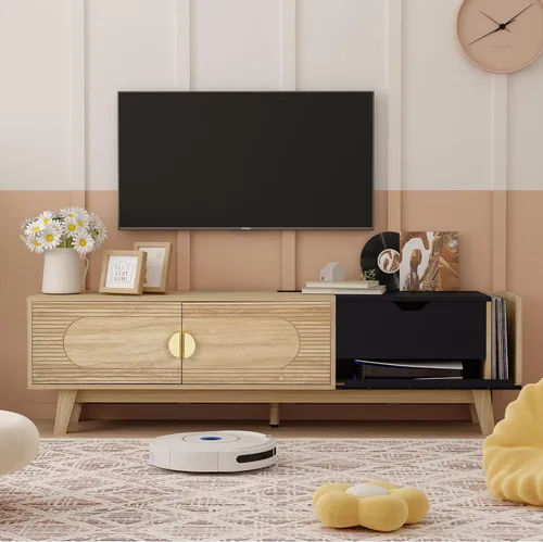 Vista 9 de Janmer Home Soporte de TV acanalado de 54 pulgadas con almacenamiento, consola de TV moderna de mediados de siglo con puertas correderas Tambour