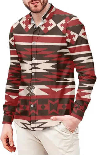Vista 14 de Camisa azteca con botones para hombre, patrón nativo americano, camisas de manga larga con cuello en V y nación tribal