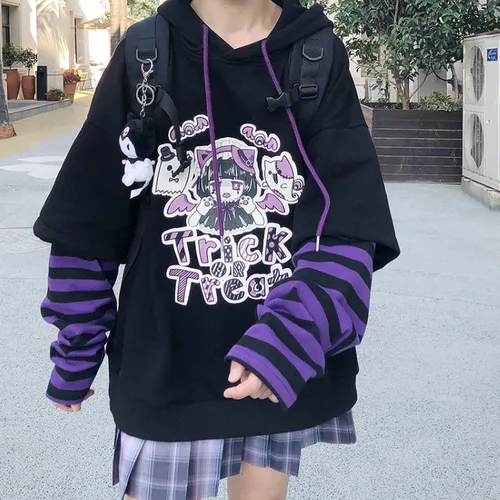 Vista 3 de Harajuku - Suéter de dos piezas para mujer, diseño de niña japonesa, lindo suéter suelto con capucha