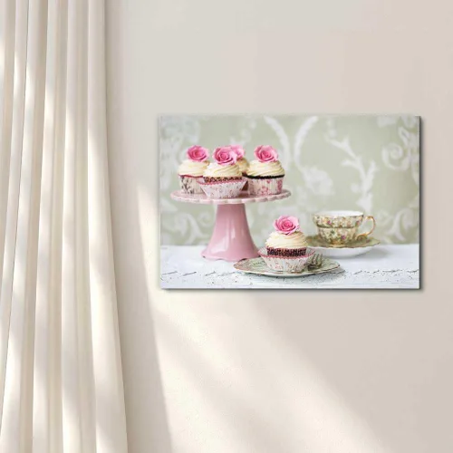 Vista 2 de Lienzo impreso para pared, té de la tarde con cupcakes de rosas, 12 x 18 pulgadas