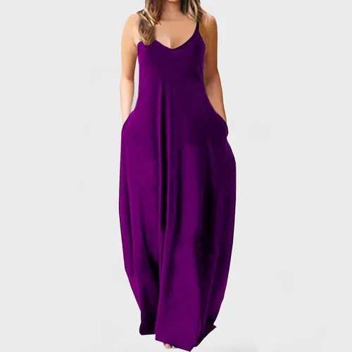 Vista 2 de JOANKDMI Vestido de verano para mujer, con tirantes delgados, holgado, sin mangas, estampado de moda, con bolsillos