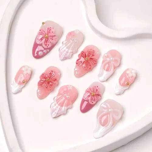 Vista 19 de 24 piezas de uñas postizas de punta francesa a presión, uñas postizas medianas en forma de almendra con diseño de ondas azul oscuro, uñas postizas