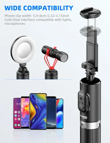 Vista 4 de Trípode selfie stick para teléfono celular de 72 pulgadas, palo selfie de aluminio todo en 1 con control remoto integrado, soporte de trípode