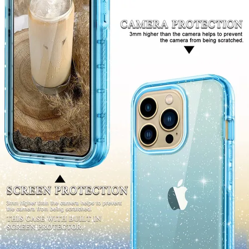 Vista 6 de LONTECT Funda para iPhone 13 Pro con protector de pantalla integrado con purpurina transparente, brillante, resistente, a prueba de golpes, híbrida
