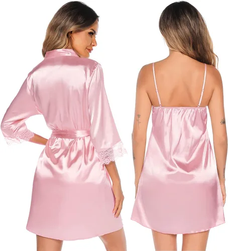 Vista 5 de SWOMOG Conjunto de bata de satén para mujer, conjunto de pijama sexy de 2 piezas, camisón de encaje y batas de seda
